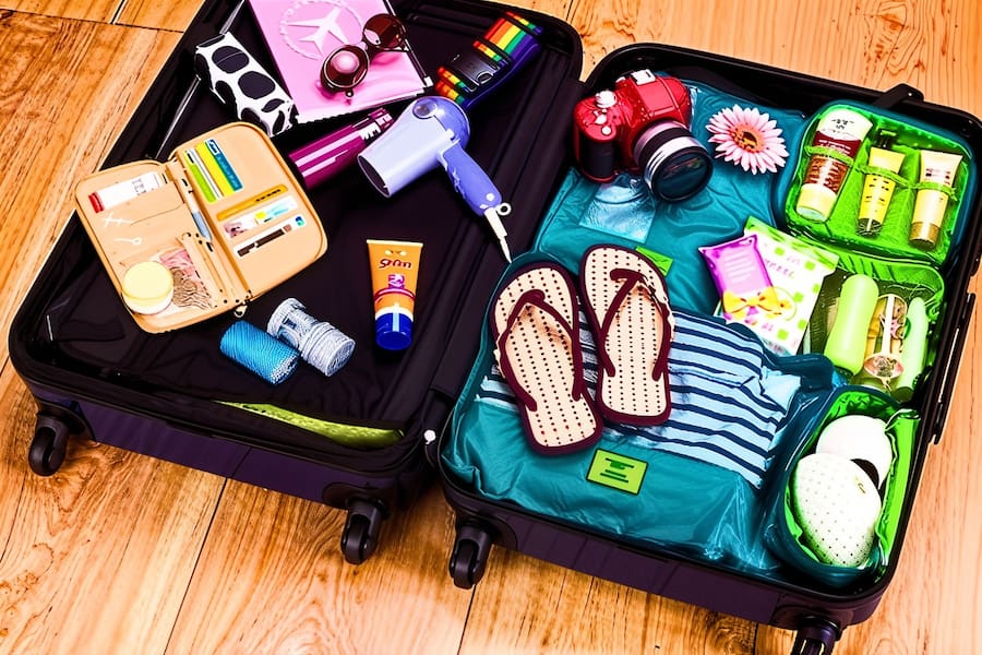 Una valigia aperta con vestiti leggeri e accessori per un viaggio tropicale.
