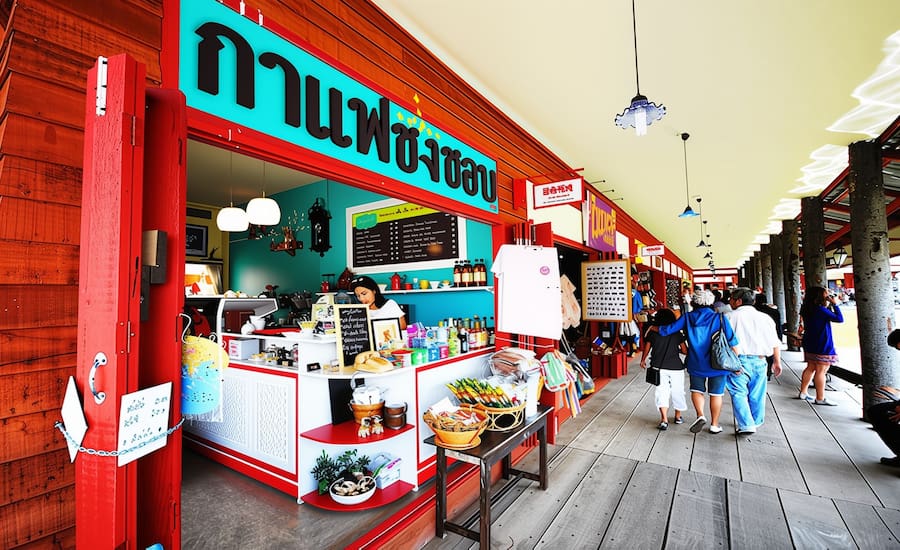 Un caratteristico caffè in stile retrò al Mercato Galleggiante di Sam Phan Nam