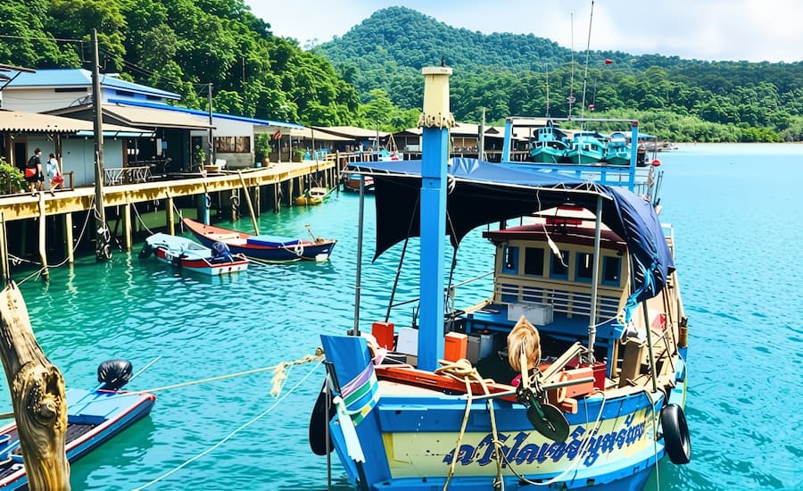 Tradizionali barche in legno ormeggiate nel pittoresco villaggio asiatico di pescatori di Ao Yai