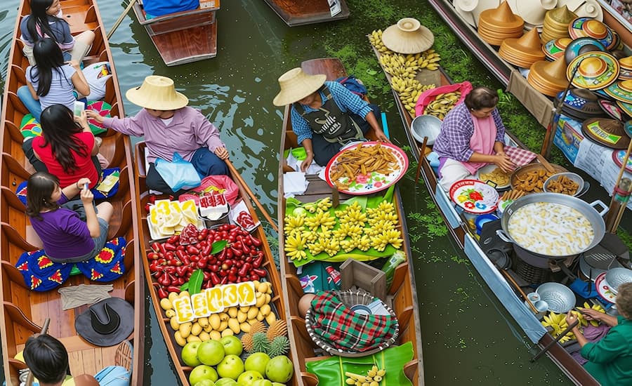 Mercato galleggiante tradizionale in Thailandia e flussi turistici globali